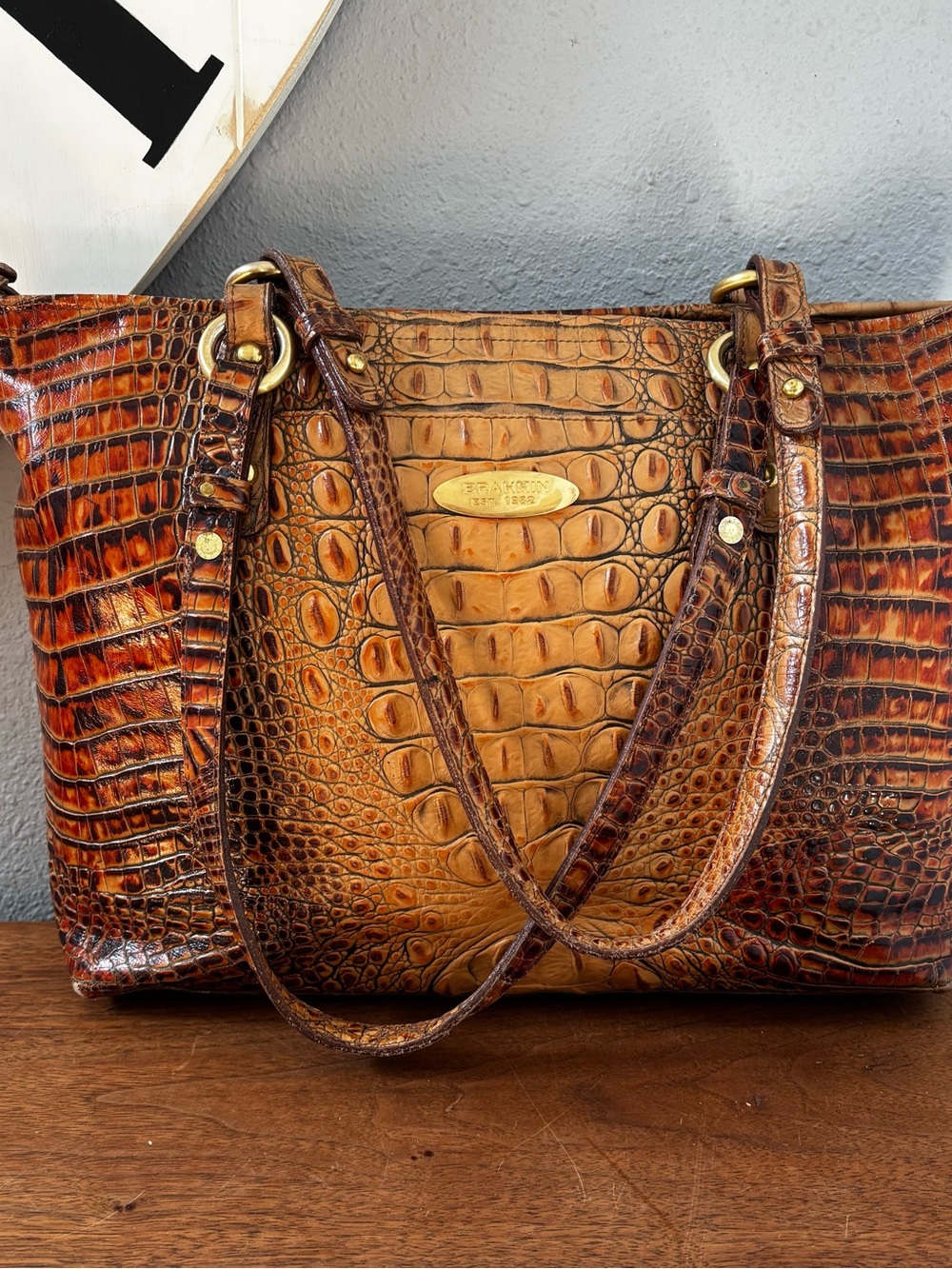 Brahmin Asher Toasted Melbourne leather alligator embossed zip tote handbag.